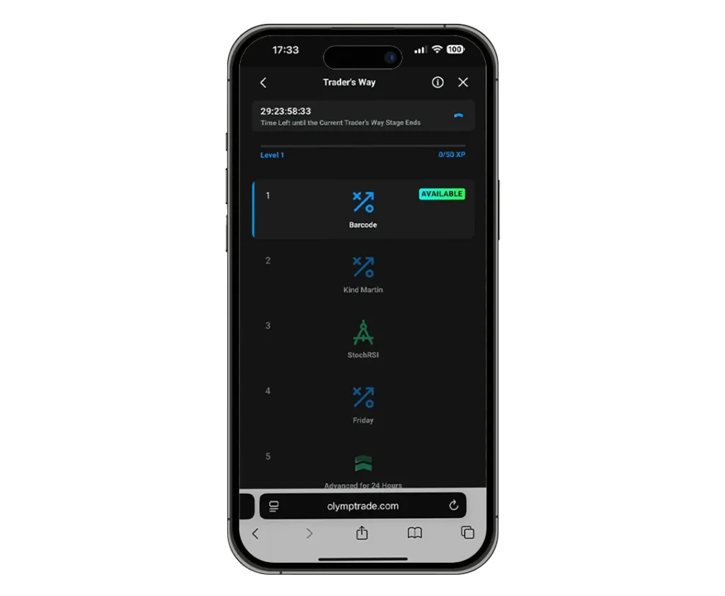 Olymptrade trading account statuses.